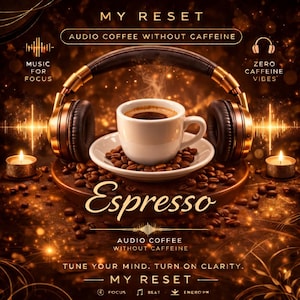 May include: A digital illustration showcasing a white espresso cup on a saucer, encircled by coffee beans. Headphones are positioned above the cup, with text reading "Audio Coffee Without Caffeine" and "Espresso". The image has a warm, inviting colour scheme.