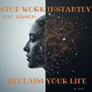 Op de afbeelding: Een artistieke afbeelding met het profiel van een vrouw, verticaal verdeeld. De linkerkant is een grijswaardenportret, terwijl de rechterkant een abstract netwerk van lijnen en punten toont. Oranje tekst luidt "STOP WORK INSTANTLY" en "RECLAIM YOUR LIFE."