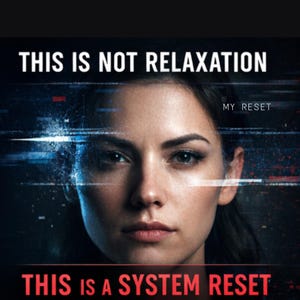 以下が含まれることがあります： 女性の顔が描かれたデジタルアート画像で、上部に「THIS IS NOT RELAXATION」、下部に「THIS IS A SYSTEM RESET」というテキストがあります。「MY RESET」という言葉も表示されています。