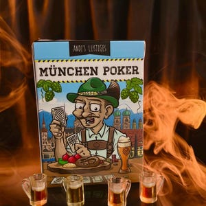 May include: A box of "München Poker" playing cards with a cartoon illustration of a man in traditional Bavarian attire. The image includes four miniature beer mugs filled with liquid, and a background of orange smoke.