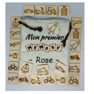 Jeu Memory bois avec sac tissu brodé personnalisable, 24 pièces, Travail de la mémoire, Thèmes assortis, Montessori, Jouets, Apprentissage