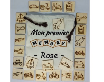 Jeu Memory bois avec sac tissu brodé personnalisable, 24 pièces, Travail de la mémoire, Thèmes assortis, Montessori, Jouets, Apprentissage