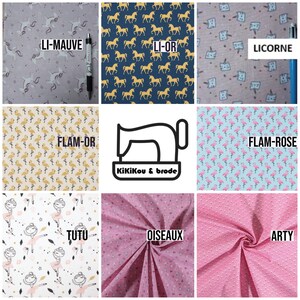 May include: A collection of nine fabric swatches with different patterns. The swatches are arranged in a 3x3 grid. The top row features a light purple fabric with white unicorns, a dark blue fabric with yellow horses, and a light brown fabric with white unicorns. The middle row features a light beige fabric with yellow flamingos, a black and white illustration of a sewing machine with the text "KiKiKou & brode", and a light blue fabric with pink flamingos. The bottom row features a white fabric with black and white ballerinas, a pink fabric with white flowers, and a pink fabric with white dots.