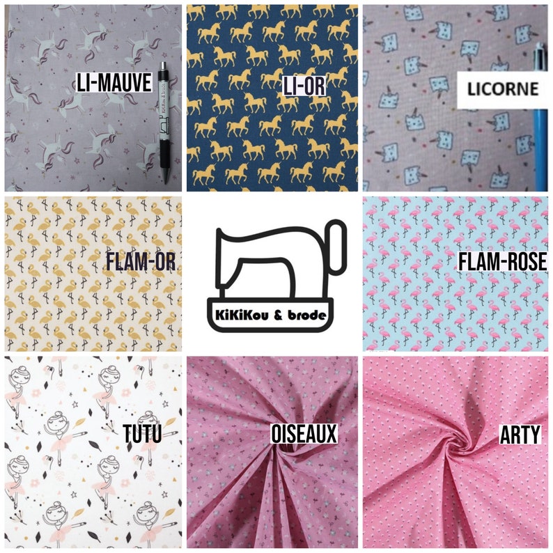 May include: A collection of nine fabric swatches with different patterns. The swatches are arranged in a 3x3 grid. The top row features a light purple fabric with white unicorns, a dark blue fabric with yellow horses, and a light brown fabric with white unicorns. The middle row features a light beige fabric with yellow flamingos, a black and white illustration of a sewing machine with the text "KiKiKou & brode", and a light blue fabric with pink flamingos. The bottom row features a white fabric with black and white ballerinas, a pink fabric with white flowers, and a pink fabric with white dots.