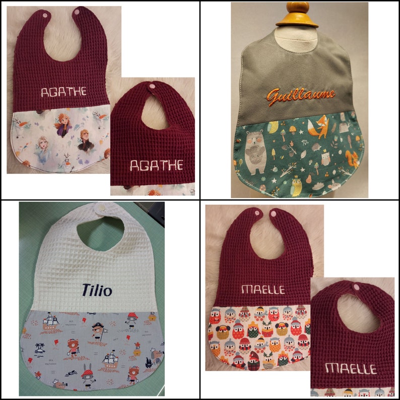 May include: Four different baby bibs with embroidered names. The bibs are made of a waffle-weave fabric and have a cotton print on the bottom. The names on the bibs are Agathe, Guillaume, Tilio, and Maelle.