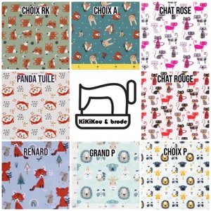 May include: Nine fabric swatches with different animal and geometric patterns. The swatches are labeled with French words: "CHOIX RK", "CHOIX A", "CHAT ROSE", "PANDA TUILE", "RENARD", "GRAND P", "CHAT ROUGE", and "CHOIX P".  The center swatch features a black and white sewing machine with the text "KiKiKou & brode".