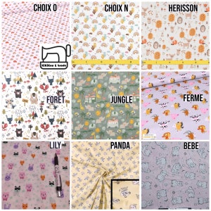 May include: A collage of nine fabric swatches with different patterns. The swatches are labeled with the following names: "Choice 0", "Choice N", "Hedgehog", "Forest", "Jungle", "Farm", "Lily", "Panda", and "Baby".