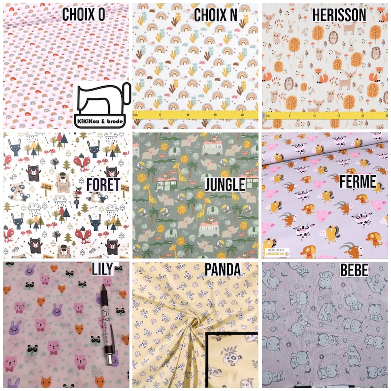 May include: A collage of nine fabric swatches with different patterns. The swatches are labeled with the following names: "Choice 0", "Choice N", "Hedgehog", "Forest", "Jungle", "Farm", "Lily", "Panda", and "Baby".