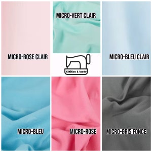 May include: A collection of fabric swatches in various colors, including light pink, light blue, light green, dark gray, and pink. The swatches are labeled with the names "MICRO-ROSE CLAIR", "MICRO-VERT CLAIR", "MICRO-BLEU CLAIR", "MICRO-BLEU", "MICRO-ROSE", and "MICRO-GRIS FONCE".
