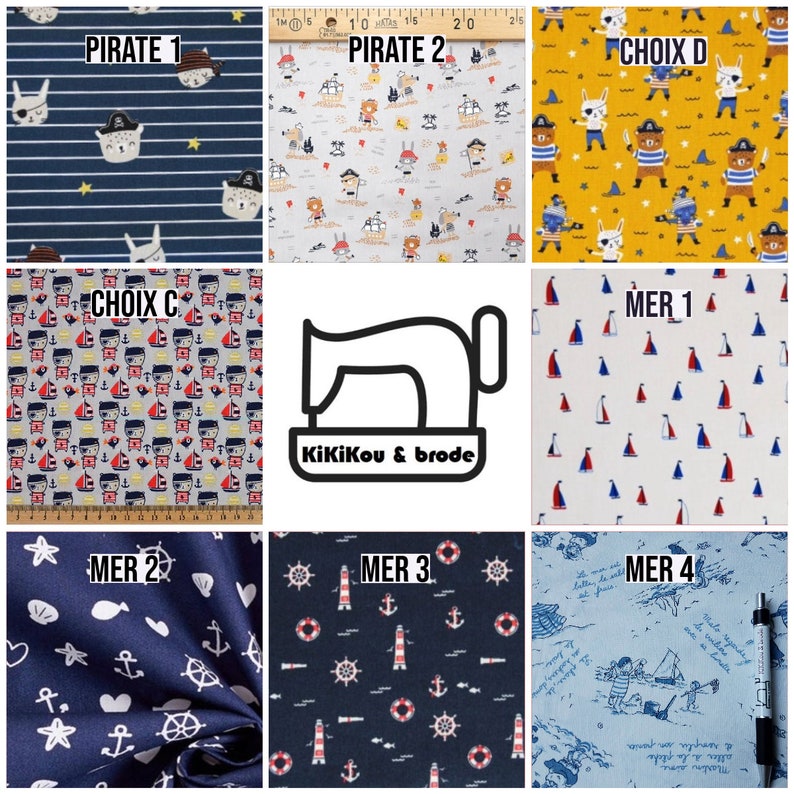 May include: A collage of fabric swatches featuring various nautical and pirate themed prints. The swatches are arranged in a grid with the text "KiKiKou & brode" in the center. The prints include blue and white striped fabric, yellow fabric with brown bears wearing pirate hats, white fabric with red and blue sailboats, blue fabric with white anchors and stars, blue fabric with white anchors, lighthouses, and life preservers, and blue fabric with a handwritten nautical map.