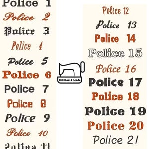 May include: A chart of 21 different font styles labeled "Police" with numbers 1 through 21. The fonts are in black, orange, and white.