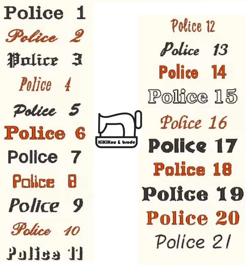May include: A chart of 21 different font styles labeled "Police" with numbers 1 through 21. The fonts are in black, orange, and white.