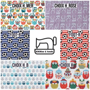 May include: A collage of fabric swatches featuring different patterns. The top left swatch shows a white background with colorful owls wearing various accessories. The top right swatch shows a light purple background with white owls. The bottom left swatch shows a blue and white striped background with black and white soccer balls. The bottom right swatch shows a red and white striped background with black and white soccer balls. The middle swatch shows a black and white sewing machine with the text "KiKikou & brode".