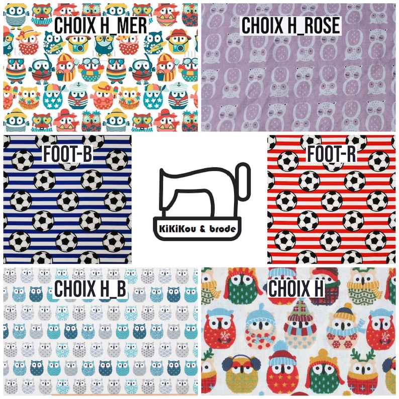May include: A collage of fabric swatches featuring different patterns. The top left swatch shows a white background with colorful owls wearing various accessories. The top right swatch shows a light purple background with white owls. The bottom left swatch shows a blue and white striped background with black and white soccer balls. The bottom right swatch shows a red and white striped background with black and white soccer balls. The middle swatch shows a black and white sewing machine with the text "KiKikou & brode".