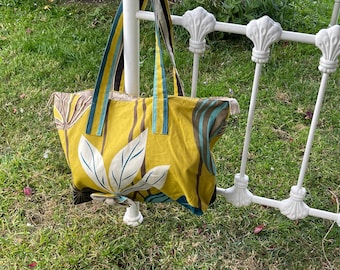 Handmade Large Tote Bag in Mustard, Turquoise and Beige - OOAK Unique