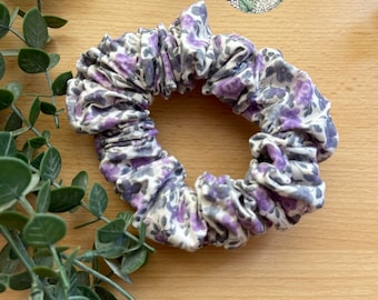 Vintage Cotton Scrunchie, Lavender Grey Floral Hair Tie