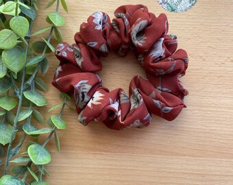 Rust floral georgette scrunchie, handmade in UK, hair accessory, gift, christmas, birthday