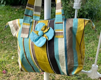 Unique Handmade Tote Bag in Stripey Bright Cotton - OOAK