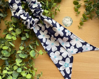 Navy blue cotton scrunchie floral pattern with detachable tail