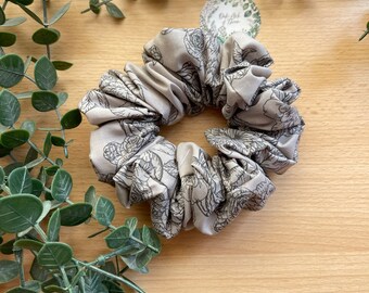 Grey Rose Print Scrunchie, Hair Tie, Hair Accessory, Cotton