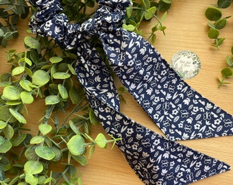 Handmade Navy Floral Scrunchie with Scarf Tails, Cotton Hair Accessory