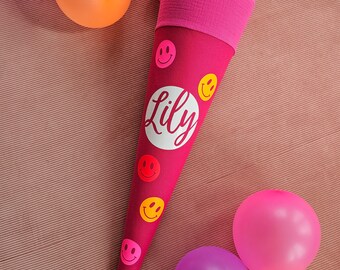 Neon Smiley Schultüte Pink mit verschieden Motiven, 35cm und 70cm