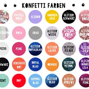 Puede incluir: Una carta de colores con una variedad de colores en formas circulares, cada uno etiquetado con un nombre de color alem&aacute;n. La carta incluye colores como rosa ne&oacute;n, plata brillante y azul real. El texto "KONFETTI FARBEN" est&aacute; en la parte superior.