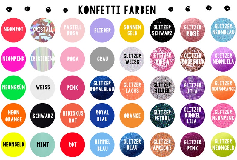 Puede incluir: Una carta de colores con una variedad de colores en formas circulares, cada uno etiquetado con un nombre de color alem&aacute;n. La carta incluye colores como rosa ne&oacute;n, plata brillante y azul real. El texto "KONFETTI FARBEN" est&aacute; en la parte superior.