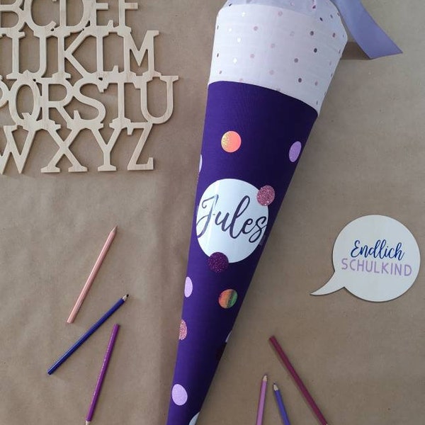 Purple confetti school cone with lilac and purple dots made of fabric