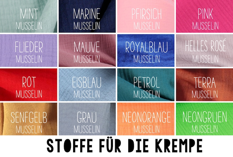 Puede incluir: Una carta de colores de muestras de tela de muselina en varios colores, incluyendo menta, marino, rosa y rojo. Cada muestra est&aacute; etiquetada con su nombre de color en alem&aacute;n. El texto "STOFFE F&Uuml;R DIE KREMPE" est&aacute; en la parte inferior.