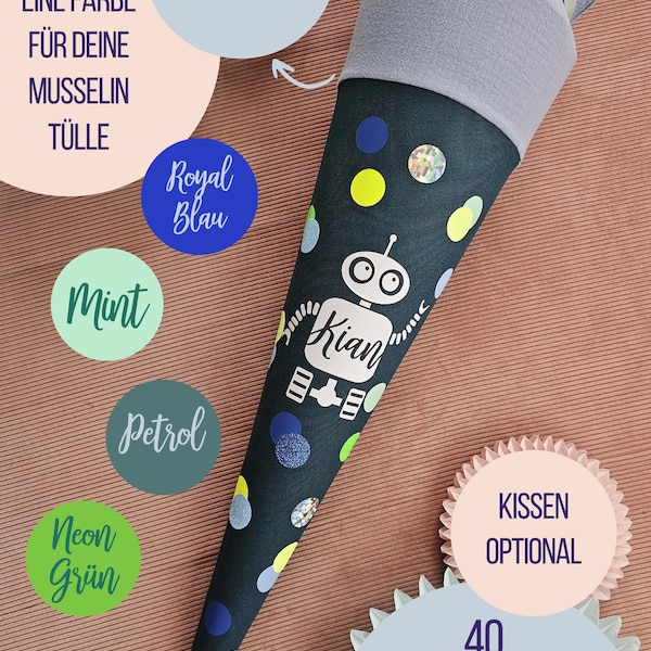 Neon petrol confetti with a school cone motif for boys, 35 cm and 70 cm, customizable.