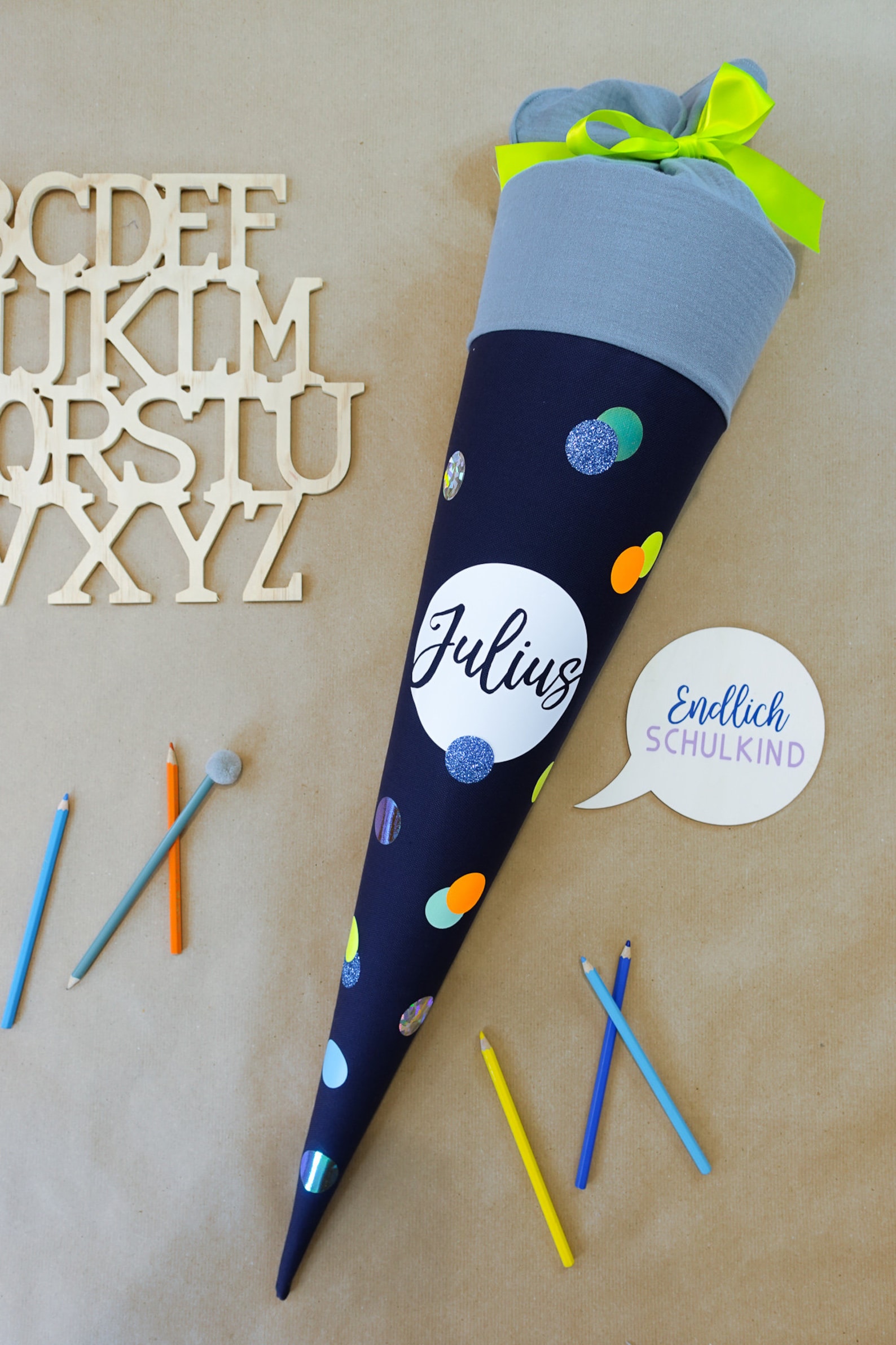 Confetti school cone, dark blue with neon colors and various motifs, 35 cm and 70 cm,