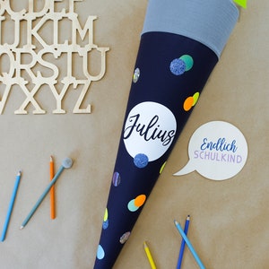 Confetti school cone dark blue with neon colors and various motifs 35 cm and 70 cm personalizable