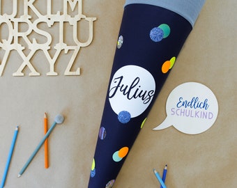 Confetti school cone, dark blue with neon colors and various motifs, 35 cm and 70 cm, customizable
