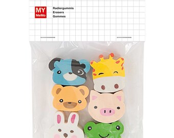 Eraser set of 6 - colorful animal faces for children