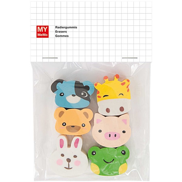 Eraser set of 6 - colorful animal faces for children