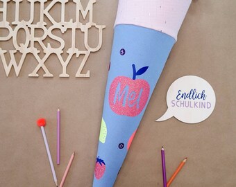 Glitter fruits school cone made of fabric with name