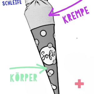 Puede incluir: Un cono escolar gris y blanco con lunares con una parte superior blanca y un lazo atado. El cono tiene el nombre "Sofie" en un c&iacute;rculo blanco. La imagen tambi&eacute;n incluye el texto "5 Colores Confeti".