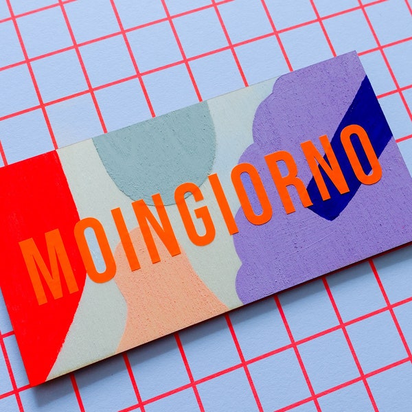 Türschild Moingiorno Neon aus Holz, geometrisch handbemalt selbstklebend personalisierbar