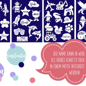 Puede incluir: Un fondo azul marino con formas recortadas en blanco de animales, veh&iacute;culos y estrellas, cada uno con un nombre. Tambi&eacute;n hay bocadillos con texto en alem&aacute;n y c&iacute;rculos de colores con nombres.