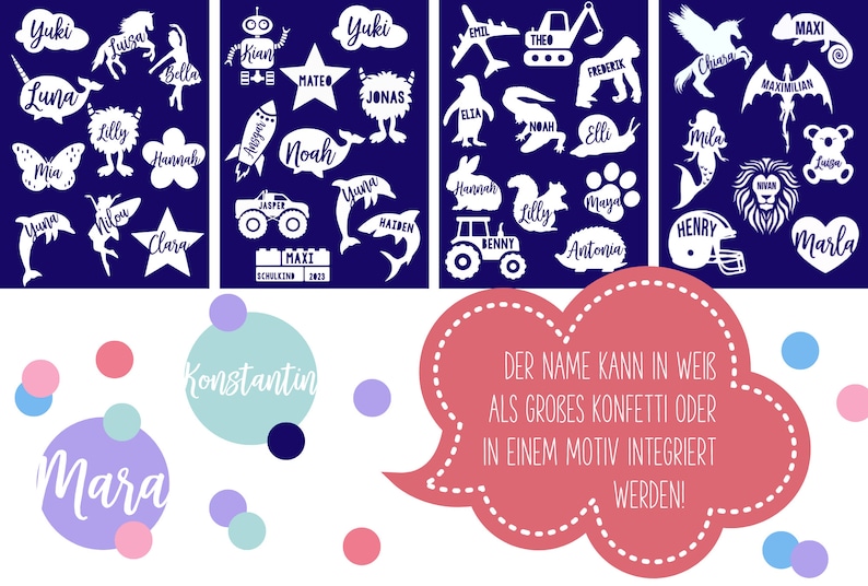 Puede incluir: Un fondo azul marino con formas recortadas en blanco de animales, veh&iacute;culos y estrellas, cada uno con un nombre. Tambi&eacute;n hay bocadillos con texto en alem&aacute;n y c&iacute;rculos de colores con nombres.