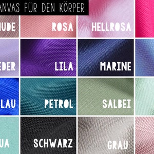 Puede incluir: Una cuadr&iacute;cula de muestras de tela en varios colores, incluyendo nude, rosa, morado, azul, verde y gris. Cada muestra est&aacute; etiquetada con su nombre de color en texto blanco. El banner superior dice "EDLER CANVAS F&Uuml;R DEN K&Ouml;RPER".