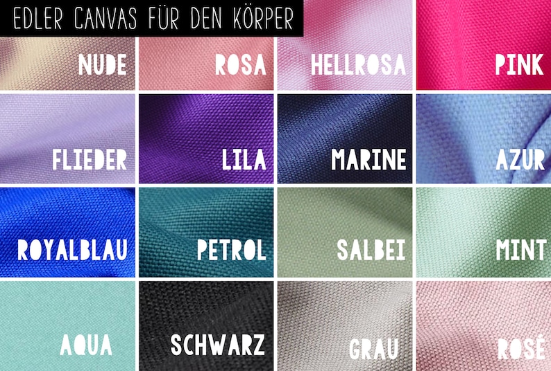 Puede incluir: Una cuadr&iacute;cula de muestras de tela en varios colores, incluyendo nude, rosa, morado, azul, verde y gris. Cada muestra est&aacute; etiquetada con su nombre de color en texto blanco. El banner superior dice "EDLER CANVAS F&Uuml;R DEN K&Ouml;RPER".