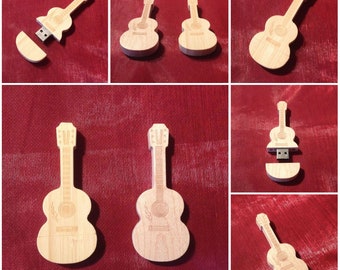 Clé USB en bois véritable « Guitare » en bois d'érable/bambou (naturel) | Capacité de stockage de 16/32/64/128 Go | Clé USB, stockage de données | USB2.0/3.0
