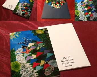 Wenskaart 'Origami' | Olieverfschilderij (druk) | Kleurrijk dubbel A6 motief/vouw/wenskaart + envelop | Gefeliciteerd/cadeaubon
