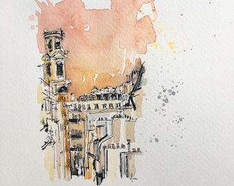 Paris, France, original watercolour and ink painting on a4 300gsm watercolour paper