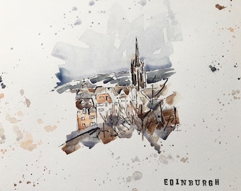 Edinburgh, Scotland, original watercolour and ink painting on A3 300gsm watercolour paper