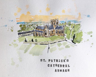 St Patrick’s Cathedral Armagh, (NI) original watercolour and ink painting on A4 300gsm cold pressed watercolour paper