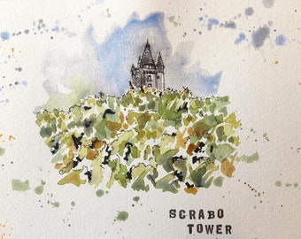 Scrabo Tower in the Gorse bush original watercolour and ink painting on a4 350gsm watercolour paper
