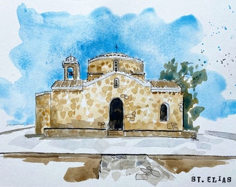 St. Elias church, Cyprus in carbon ink and watercolour on A4 350gsm watercolour paper
